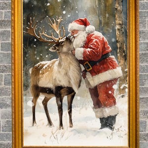 PRINTABLE vintage Santa Claus wall art, farmhouse Christmas print, Santa and his reindeer, Santa painting, Downloadable living room picture