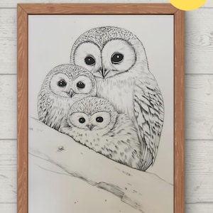 Vintage Christmas Wall Art, owl family, daddy mommy baby owl, christmas owl, owl painting, owl printing, downloadable print, Winter Print