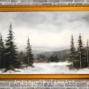 Pintura de acuarela de bosque de invierno, impresión navideña vintage, arte de pared imprimible, decoración navideña, paisaje invernal nevado, árboles de hoja perenne