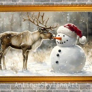 Vintage Santa's Reindeer and Snowman Painting, Christmas Living Room Poster (Digital Download)