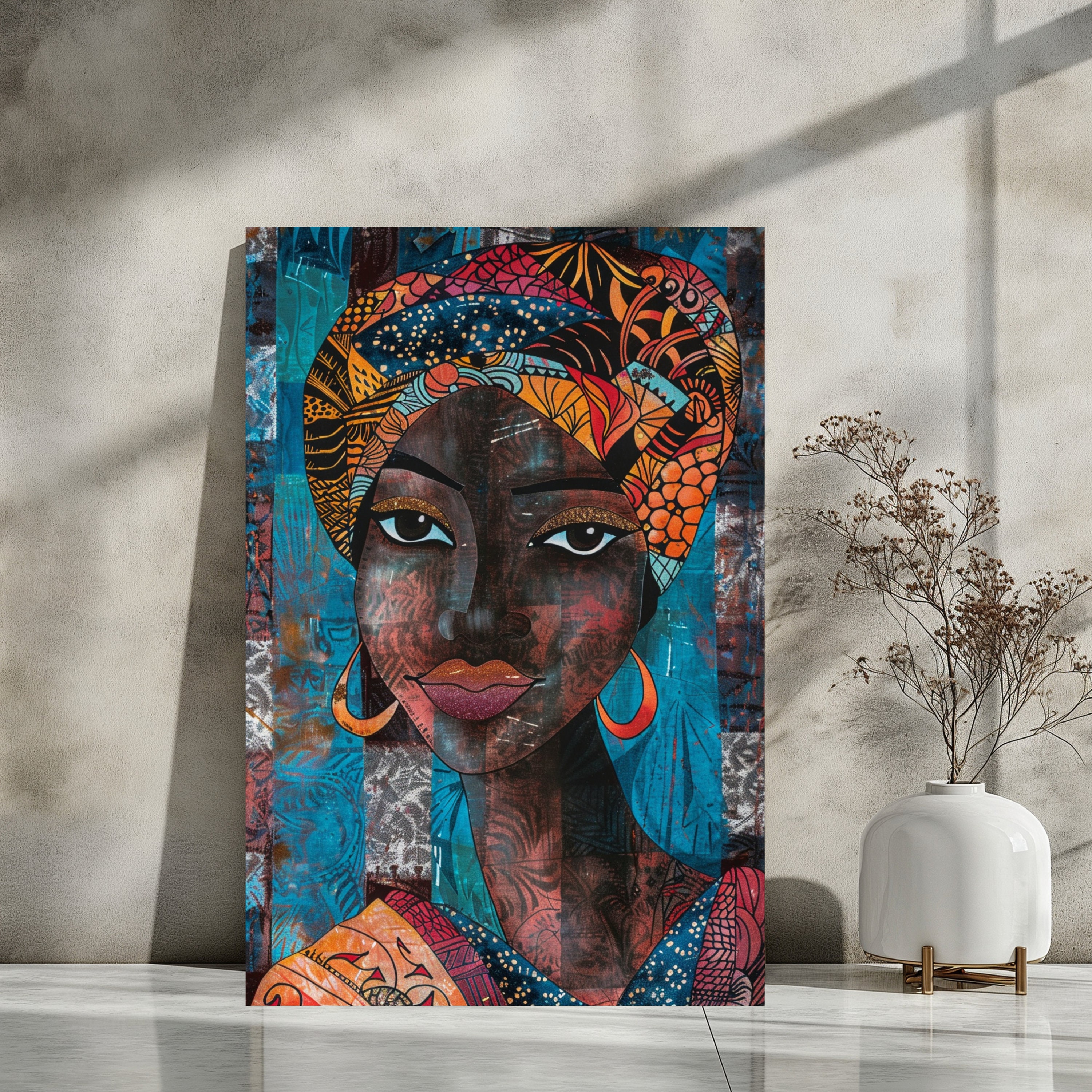 アフリカの女性バティックアートプリント：ヴィンテージサバンナ絵画
