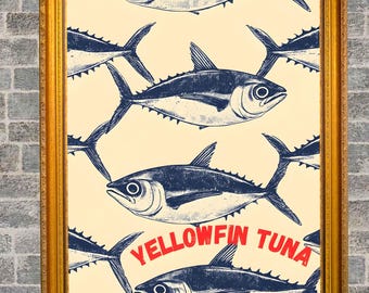 Retro Yellowfin Tuna Print, Kitchen Fish Wall Art (Digital Download)