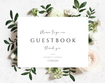 Guestbook Sign, black & white, Please Sign our Guestbook, Wedding Signs, 5 x 7, guestbook template//Beatrice