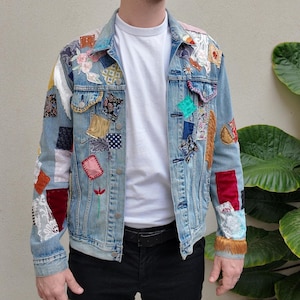 Giacca in denim patchwork di Bob Dylan fatta a mano: stile film anni &#39;80 riciclato