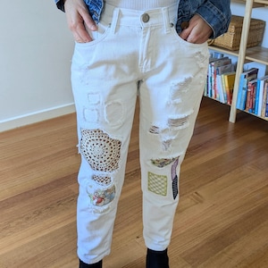 White Mid-Rise Jeans with Colourful Patches & Doily | Size 8 (AU), Petite Fit
