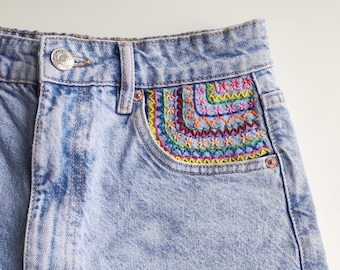 Up-cycled, repurposed, denim shorts, handmade clothing, embroidered shorts, patchwork clothes, reworked jeans, hippie fashion