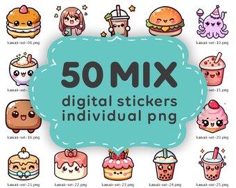 Pack of 50 kawaii mix stickers, sticker pack, png stickers, kawaii printable stickers, printable stickers, kawaii stickers