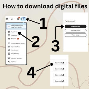 Detailed guide on downloading Etsy digital files. Steps include accessing 'Purchases' from the profile menu, selecting the order, clicking 'Download Files,' and saving. Visual arrows and text aid in navigating Etsy for digital downloads.