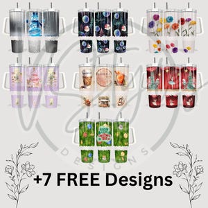 Image showcasing 7 tumbler designs, including themes like snowman, floral, Christmas, coffee, and ballet, arranged in rows. Text at the bottom reads '+7 FREE Designs' with decorative floral accents.