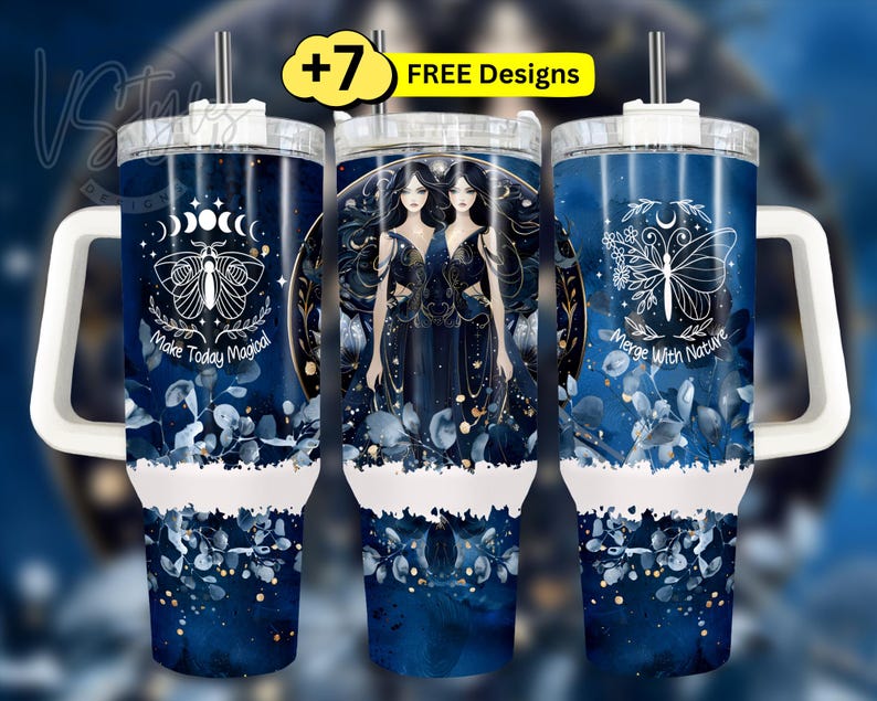 a set of three travel mugs with designs on them