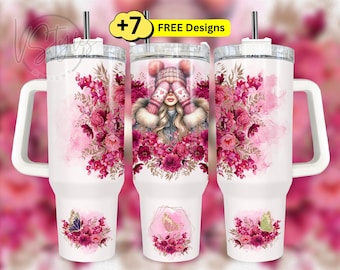 Coquette Flowers 40 oz Tumbler Wrap Png Design, 40oz Fall Winter Tumbler With Handle, Butterfly 40 oz Sublimation Tumbler Design