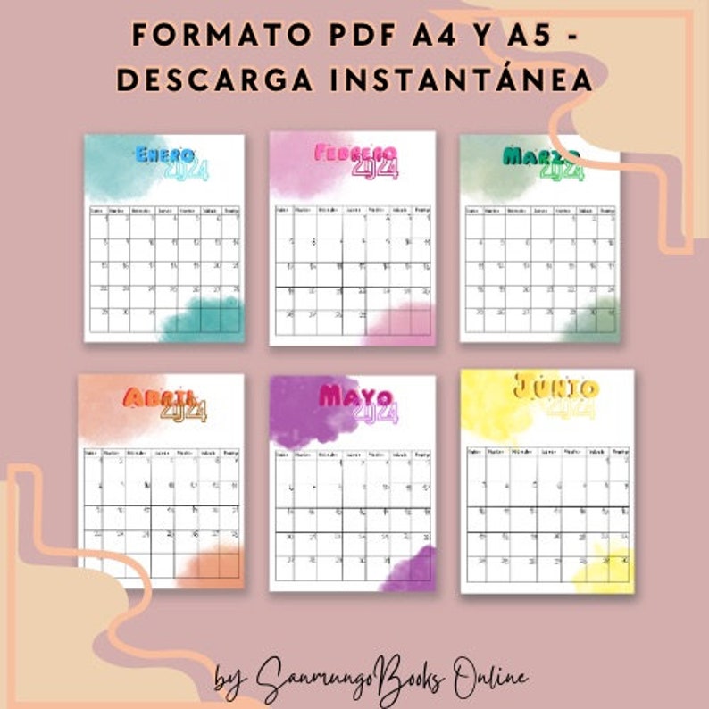 Printable 2024 Calendar, A4 Calendar, A5 Pdf, PNG Calendar for