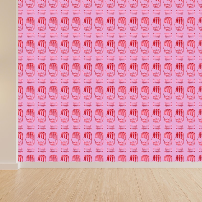 May include: Pink wallpaper featuring a repeating pattern of red hand symbols. The hands are depicted in a simple outline and are regularly spaced across the pink background. The design is modern and striking.