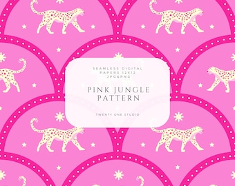 Pink Jungle Pattern, Tropical Cat Seamless Design, Coastal Foliage & Leopard Icons, Modern Pop Jungle Print, Digital Paper, Fabric Print.
