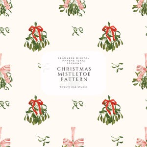 Könnte beinhalten: Ein nahtloses digitales Weihnachtsmistelmuster. Das Design zeigt Aquarellillustrationen von grünen Mistelzweigen mit roten Schleifen auf cremefarbenem Hintergrund. Der Text auf dem Bild lautet "Christmas Mistletoe Pattern" und "Twenty One Studio".