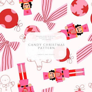 Puede incluir: Un patrón digital sin costuras con elementos de dulces navideños. El diseño incluye adornos rosas y rojos, lazos, hombres de jengibre y cascanueces. El texto "CANDY CHRISTMAS PATTERN" se muestra en la imagen.