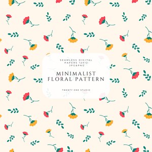 Puede incluir: Un papel digital sin costuras con un patrón floral minimalista. El diseño presenta flores rojas y amarillas dispersas con hojas verdes sobre un fondo crema. El texto de la imagen dice "MINIMALIST FLORAL PATTERN".