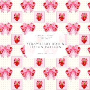 Puede incluir: Un patrón digital sin costuras con fresas rojas repetidas adornadas con lazos y cintas rosas sobre un fondo blanco con lunares de color rosa claro. El texto central dice: SEAMLESS DIGITAL PAPERS 12X12 JPG & PNG STRAWBERRY BOW & RIBBON PATTERN TWENTY ONE STUDIO.