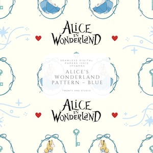 Puede incluir: Un patrón digital sin costuras con motivos de Alicia en el país de las maravillas sobre fondo crema. Incluye personajes con vestido azul en marcos ovalados, corazones rojos, remolinos azul claro y llaves. Texto: Alice in Wonderland, Seamless Digital Papers 12x12 JPG & PNG, Alice's Wonderland Pattern - Blue, Twenty One Studio.