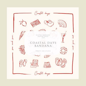 Puede incluir: Un diseño digital de bandana con fondo crema e ilustraciones rojas de elementos temáticos de playa como un limón, un helado y un cóctel. El texto "Coastal Days Bandana" está centrado.