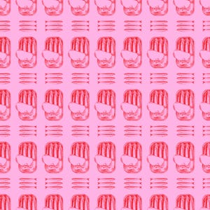 May include: A repeating pattern of red sardine cans and sardines on a pink background. The cans are open, revealing the fish inside. The sardines are arranged in neat rows, creating a playful and eye-catching design.