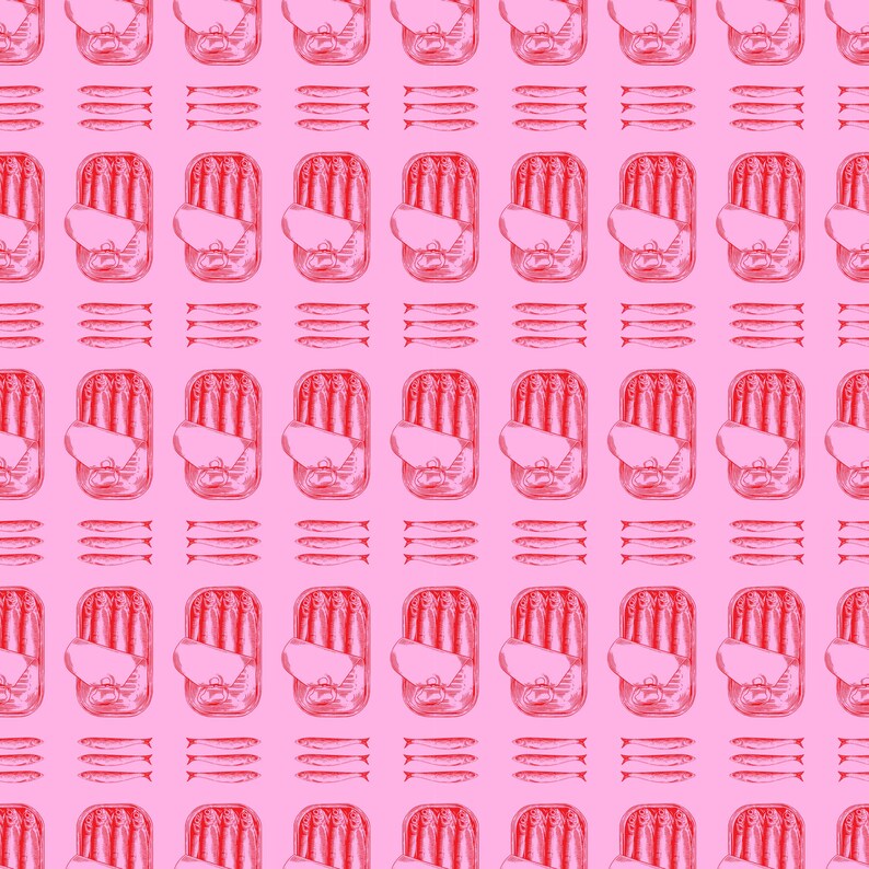 May include: A repeating pattern of red sardine cans and sardines on a pink background. The cans are open, revealing the fish inside. The sardines are arranged in neat rows, creating a playful and eye-catching design.