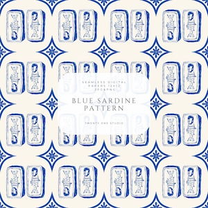 Repeating blue sardines pattern, Retro seamless fish design, Quirky vintage food print, Digital file for fabric, decor or sublimation.