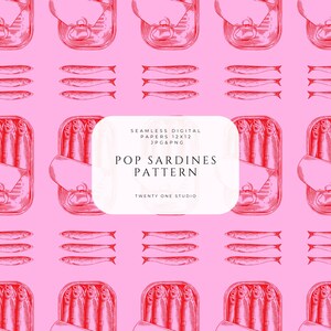 May include: A seamless digital pattern of red sardines and sardine tins on a pink backdrop. The design includes the text "POP SARDINES PATTERN" and "TWENTY ONE STUDIO". Suitable for digital papers, the pattern is 12x12, JPG & PNG.