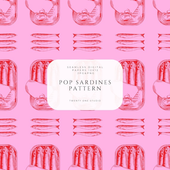 Repeating pop sardines pattern, Retro seamless fish design in pink, Quirky vintage food print, Digital file for fabric or sublimation.
