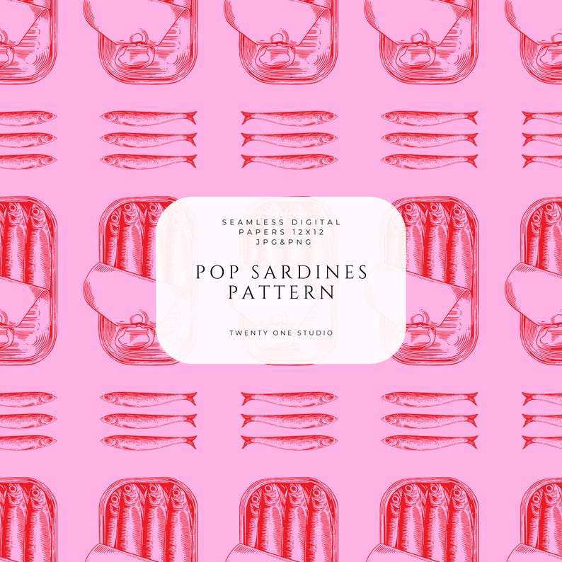 May include: A seamless digital pattern of red sardines and sardine tins on a pink backdrop. The design includes the text "POP SARDINES PATTERN" and "TWENTY ONE STUDIO". Suitable for digital papers, the pattern is 12x12, JPG & PNG.