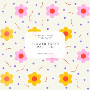 Puede incluir: Un patrón de papel digital sin costuras con flores rosas y amarillas, centros rojos, estrellas moradas y líneas curvas rojas sobre un fondo crema. El texto "Flower Party Pattern" se muestra en un rectángulo blanco redondeado.