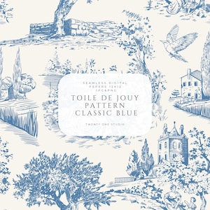 Puede incluir: Un diseño de papel digital sin costuras con un patrón Toile de Jouy azul clásico. El diseño incluye ilustraciones de paisajes, edificios, árboles y figuras. El texto en la imagen dice "TOILE DE JOUY PATTERN CLASSIC BLUE".
