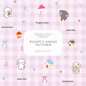 Puede incluir: Un patrón digital con perros de dibujos animados, casas, notas musicales, lazos y corazones sobre un fondo a cuadros rosa y blanco. El texto "Puupy's House Pattern" se muestra en el centro.