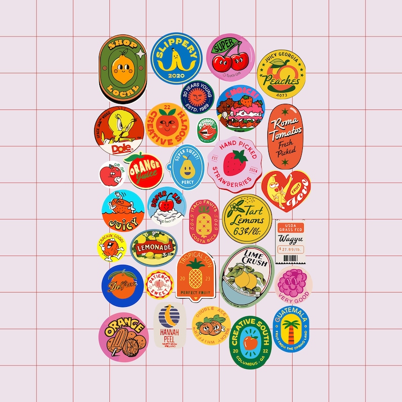 Fruity Digital Stickers, Retro Fruit Sticker Set, Printable Sticker Sheet, No Border PNG Stickers, Laptop Stickers, Scrapbook Decor. image 2