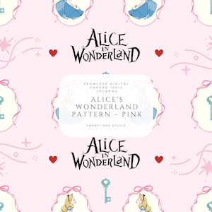 Puede incluir: Un patrón digital sin costuras con motivos de Alicia en el país de las maravillas sobre un fondo rosa claro. El diseño incluye ilustraciones de Alicia, corazones rojos y llaves verde azulado en marcos ovalados rosas y el texto Alice in Wonderland.
