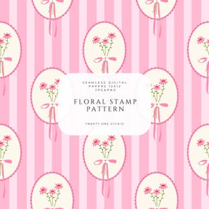 Puede incluir: Patrón de papel digital sin costuras con un diseño de sello floral repetido. El diseño incluye flores rosas, lazos y marcos ovalados sobre un fondo rosa a rayas. Se muestra el texto "FLORAL STAMP PATTERN".