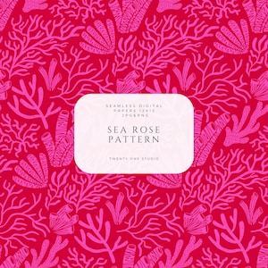 Puede incluir: Un diseño de papel digital sin costuras con un fondo rojo vibrante y un patrón repetido de coral rosa y plantas marinas. El diseño incluye el texto "SEA ROSE PATTERN" en un rectángulo blanco redondeado.