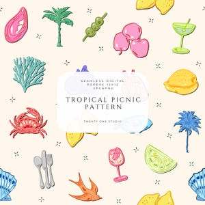 May include: A seamless digital paper pattern featuring hand-drawn illustrations of tropical picnic elements. The design includes a crab, lemons, cocktails, palm trees, and other beach-themed objects in a repeating pattern. The text reads "TROPICAL PICNIC PATTERN".