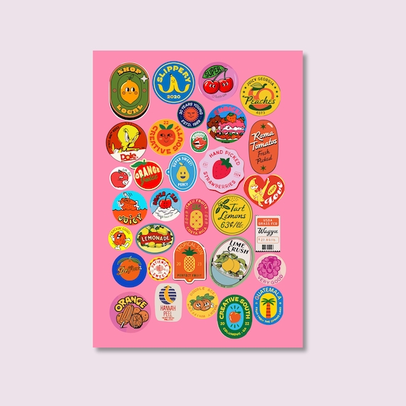 Fruity Digital Stickers, Retro Fruit Sticker Set, Printable Sticker Sheet, No Border PNG Stickers, Laptop Stickers, Scrapbook Decor.