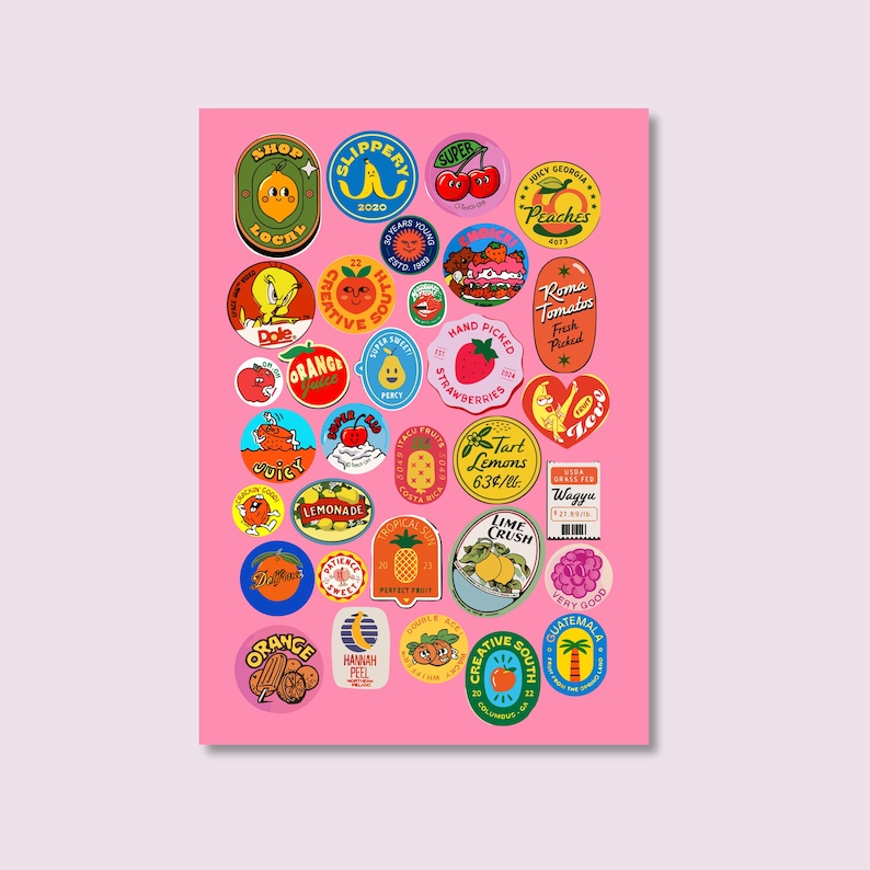 Fruity Digital Stickers, Retro Fruit Sticker Set, Printable Sticker Sheet, No Border PNG Stickers, Laptop Stickers, Scrapbook Decor. image 1