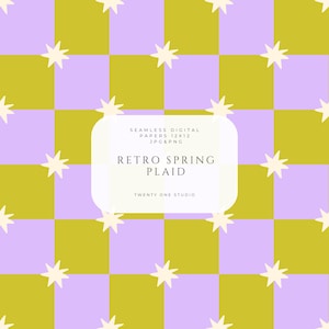 Puede incluir: Un diseño de papel digital con un patrón de cuadros retro de primavera. El diseño tiene un diseño de tablero de ajedrez con cuadrados alternos de verde oliva y lavanda. Estallidos de estrellas blancas están dispersos por el patrón. El texto del diseño dice "Retro Spring Plaid".