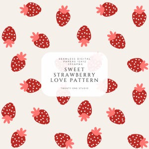 Berry Sweet Love pattern, a repeating strawberry design with heart seeds, a red and pink fruit motif for fabric or stationery projects.