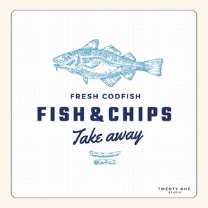 Puede incluir: Gráfico azul y blanco con una ilustración detallada de un bacalao encima de las palabras "FRESH CODFISH FISH & CHIPS Take away." La imagen también incluye un dibujo de dos patatas fritas. El texto es en negrita, sin serifa.