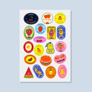 Retro Fruit Stickers | Vibrant Printable Sticker Sheet for Scrapbooking, Journaling & Laptop Decor | No Border PNGs – Instant Download