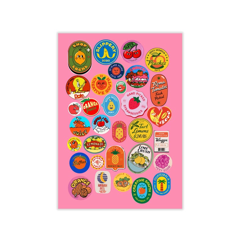 Fruity Digital Stickers, Retro Fruit Sticker Set, Printable Sticker Sheet, No Border PNG Stickers, Laptop Stickers, Scrapbook Decor. image 4