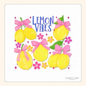 Lemon Vibes PNG SVG, Pastell Citrus Sublimation Design, Süße Zitronen mit Schleifen, Sommer T-Shirt Druck, Digitaler Download.