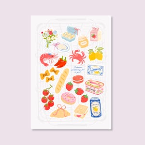 Puede incluir: Una hoja de pegatinas con varias ilustraciones que incluyen un ramo de flores, huevos, miel, leche, un camarón, chiles, un cangrejo, limones, pasta, una baguette, un macarrón, fresas, una dona, sardinas y una lata de Limonata.