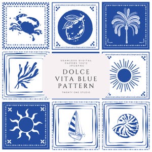 Dolce Vita Blue Repeating Pattern, Mediterranean Pattern, Elegant Pattern, Digital File, Fabric Pattern, Sublimation, Seamless Trendy.
