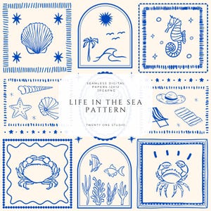 Puede incluir: Patrón digital sin costuras con temática náutica. El diseño presenta ilustraciones azules de conchas marinas, estrellas de mar, caballitos de mar, cangrejos y escenas de playa sobre un fondo crema. También se incluye el texto "LIFE IN THE SEA PATTERN".