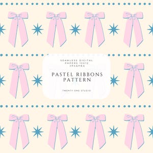 Puede incluir: Patrón de papel digital sin costuras con lazos rosas pastel repetidos, estrellas azules y líneas punteadas sobre un fondo crema. Incluye el texto "PASTEL RIBBONS PATTERN". Ideal para proyectos de manualidades.